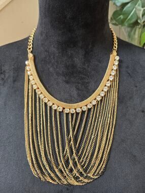 Gold Tone Multi Strand Draped Chain Bib Statement Necklace Rhinestone Fashion